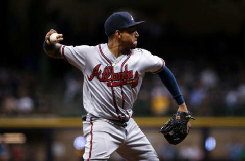 MILWAUKEE, WI – JULY 05: Johan Camargo #17 of the Atlanta Braves throws to first base in the eighth inning against the Milwaukee Brewers at Miller Park on July 6, 2018 in Milwaukee, Wisconsin. (Photo by Dylan Buell/Getty Images)