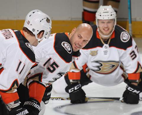 NEWARK, NEW JERSEY – JANUARY 19: Ryan Getzlaf #15 of the Anaheim Ducks skates in warm-ups prior to the game against the New Jersey Devils at the Prudential Center on January 19, 2019 in Newark, New Jersey. (Photo by Bruce Bennett/Getty Images)