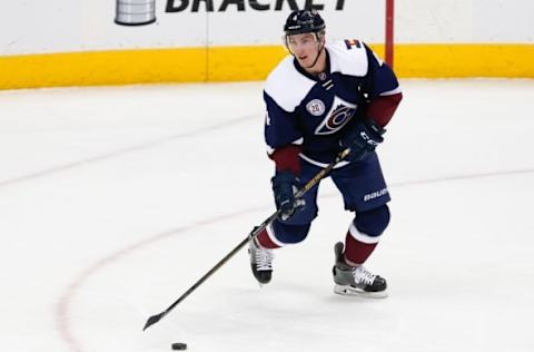 Apr 3, 2016; Denver, CO, USA; Colorado Avalanche defenseman Tyson Barrie (4) controls the puck in the first period against the St. Louis Blues at the Pepsi Center. The Blues defeated the Avalanche 5-1. Mandatory Credit: Isaiah J. Downing-USA TODAY Sports