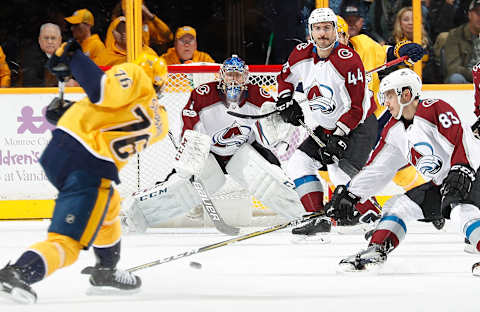 NASHVILLE, TN – NOVEMBER 18: Semyon Varlamov #1 and Mark Barberio #44 of the Colorado Avalanche eye the shot of P.K. Subban #76 of the Nashville Predators during an NHL game at Bridgestone Arena on November 18, 2017 in Nashville, Tennessee. (Photo by John Russell/NHLI via Getty Images)