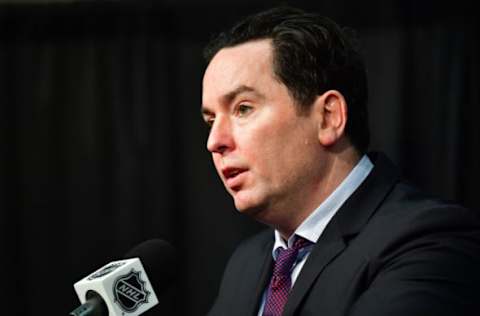 Apr 29, 2023; Los Angeles, California, USA; Edmonton Oilers head coach Jay Woodcroft speaks with media following game six of the first round of the 2023 Stanley Cup Playoffs at Crypto.com Arena. Mandatory Credit: Gary A. Vasquez-USA TODAY Sports