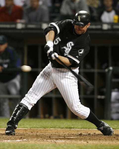 Jim Thhome, DH of the Chicago White Sox singles in what turned out to be the winning run during game action at U.S. Cellular Field, Chicago, Illinois on August 30, 2006. The White Sox defeated the Devil Rays by a score of 5 to 4. (Photo by Warren Wimmer/Getty Images)