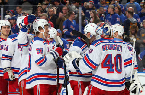 BUFFALO, NY – FEBRUARY 15: The New York Rangers celebrate a win over the Buffalo Sabres following an NHL game on February 15, 2019 at KeyBank Center in Buffalo, New York. New York won, 6-2. (Photo by Rob Marczynski/NHLI via Getty Images)