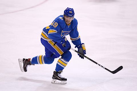 Feb 2, 2017; St. Louis, MO, USA; St. Louis Blues center Ivan Barbashev (49) in action during the third period against the Toronto Maple Leafs at Scottrade Center. The Blues won 5-1. Mandatory Credit: Billy Hurst-USA TODAY Sports