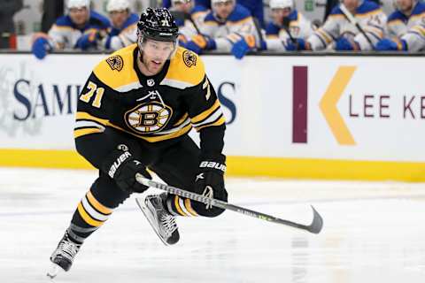 BOSTON, MA – APRIL 13: Taylor Hall #71 of the Boston Bruins skates during the first period of a game against the Buffalo Sabres at TD Garden on April 13, 2021 in Boston, Massachusetts. (Photo by Adam Glanzman/Getty Images)