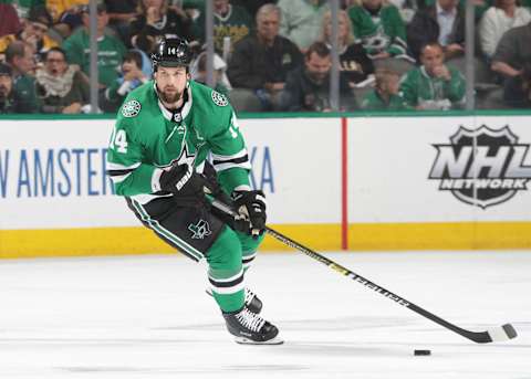 DALLAS, TX – APRIL 17: Jamie Benn #14 of the Dallas Stars handles the puck against the Nashville Predators in Game Four of the Western Conference First Round during the 2019 NHL Stanley Cup Playoffs at the American Airlines Center on April 17, 2019 in Dallas, Texas. (Photo by Glenn James/NHLI via Getty Images)