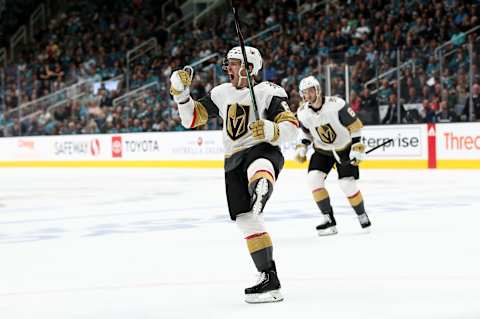 SAN JOSE, CALIFORNIA – APRIL 18: Jonathan Marchessault #81 of the Vegas Golden Knights reacts after scoring a goal against the San Jose Sharks in the third period in Game Five of the Western Conference First Round during the 2019 NHL Stanley Cup Playoffs at SAP Center on April 18, 2019 in San Jose, California. (Photo by Ezra Shaw/Getty Images)