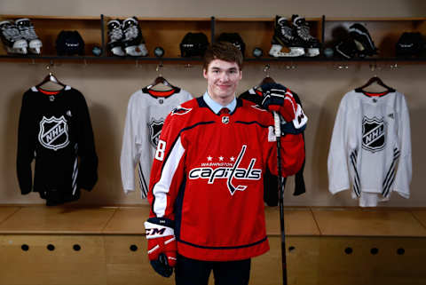 DALLAS, TX – JUNE 22: Alexander Alexeyev poses for a portrait after being selected thirty-first overall by the Washington Capitals during the first round of the 2018 NHL Draft at American Airlines Center on June 22, 2018 in Dallas, Texas. (Photo by Jeff Vinnick/NHLI via Getty Images)