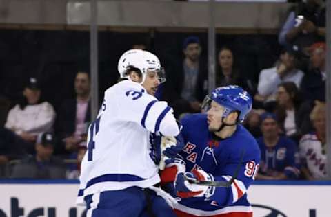 NEW YORK, NEW YORK – APRIL 13: Auston Matthews #34 of the Toronto Maple Leafs gets tangled with Vladimir Tarasenko #91 of the New York Rangers during the first period at Madison Square Garden on April 13, 2023, in New York City. (Photo by Bruce Bennett/Getty Images)