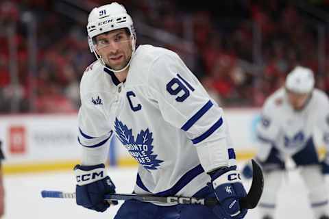 John Tavares #91 of the Toronto Maple Leafs looks on against the Washington Capitals during the first period at Capital One Arena on October 24, 2023 in Washington, DC. (Photo by Patrick Smith/Getty Images)