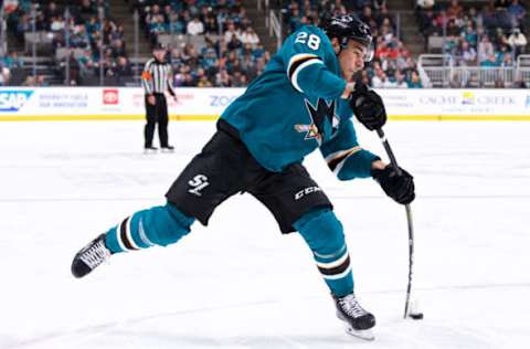 SAN JOSE, CA – MARCH 31: San Jose Sharks right wing Timo Meier (28) takes a shot during the San Jose Sharks game versus the Calgary Flames on March 31, 2019, at SAP Center at San Jose in San Jose, CA.” (Photo by Matt Cohen/Icon Sportswire via Getty Images)