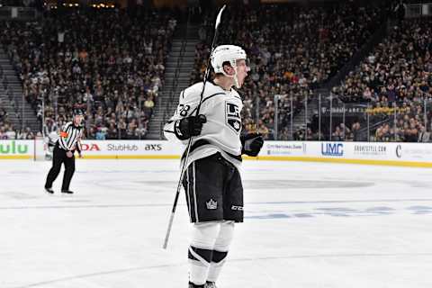 LAS VEGAS, NV – APRIL 13: Paul LaDue #38 of the Los Angeles Kings celebrates after scoring a goal against the Vegas Golden Knights in Game Two of the Western Conference First Round during the 2018 NHL Stanley Cup Playoffs at T-Mobile Arena on April 13, 2018 in Las Vegas, Nevada. (Photo by Jeff Bottari/NHLI via Getty Images)