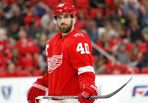 Apr 7, 2018; Detroit, MI, USA; Detroit Red Wings center Henrik Zetterberg (40) looks on during the third period against the New York Islanders at Little Caesars Arena. Mandatory Credit: Raj Mehta-USA TODAY Sports