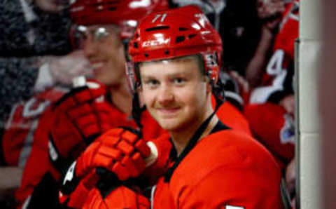 RALEIGH, NC – OCTOBER 3: Lucas Wallmark #71 of the Carolina Hurricanes prepares to enter the ice during pre game warmups prior to an NHL game against the Montreal Canadiens on October 3, 2019 at PNC Arena in Raleigh North Carolina. (Photo by Gregg Forwerck/NHLI via Getty Images)