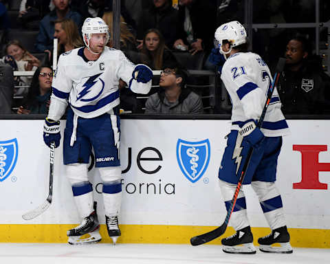 LOS ANGELES, CALIFORNIA – JANUARY 29: Steven Stamkos #91 of the Tampa Bay Lightning celebrates his empty net goal with Brayden Point #21 during a 4-2 win over the Los Angeles Kings at Staples Center on January 29, 2020 in Los Angeles, California. (Photo by Harry How/Getty Images)