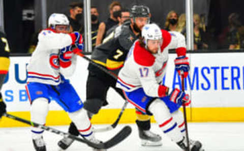 Jun 14, 2021; Las Vegas, Nevada, USA; Montreal Canadiens right wing Josh Anderson (17) looks to shoot as Montreal Canadiens right wing Brendan Gallagher (11) slows up Vegas Golden Knights defenseman Alex Pietrangelo (7) during the third period against the Vegas Golden Knights in game one of the 2021 Stanley Cup Semifinals at T-Mobile Arena. Mandatory Credit: Stephen R. Sylvanie-USA TODAY Sports