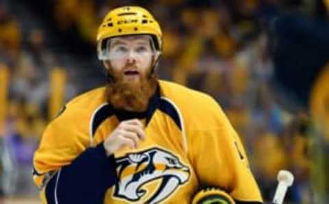 May 18, 2017; Nashville, TN, USA; Nashville Predators defenseman Ryan Ellis (4) against the Anaheim Ducks in game four of the Western Conference Final of the 2017 Stanley Cup Playoffs at Bridgestone Arena. Mandatory Credit: Christopher Hanewinckel-USA TODAY Sports