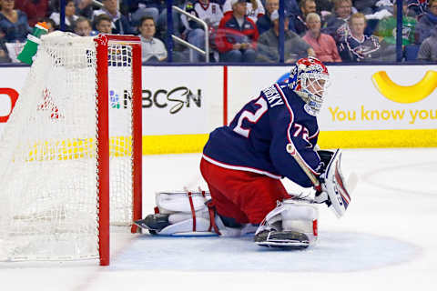 COLUMBUS, OH – APRIL 23: Sergei Bobrovsky #72 of the Columbus Blue Jackets makes a save in Game Six of the Eastern Conference First Round during the 2018 NHL Stanley Cup Playoffs against the Washington Capitals on April 23, 2018 at Nationwide Arena in Columbus, Ohio. Washington defeated Columbus 6-3 to win the series 4-2. (Photo by Kirk Irwin/Getty Images)