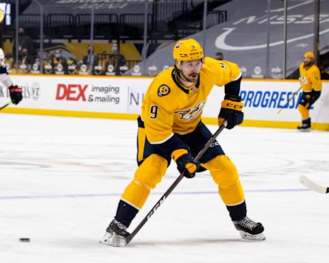 NASHVILLE, TN – JANUARY 14: Filip Forsberg #9 of the Nashville Predators  (Photo by Brett Carlsen/Getty Images)