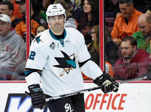 Nov 19, 2015; Philadelphia, PA, USA; San Jose Sharks center Patrick Marleau (12) against the Philadelphia Flyers during the first period at Wells Fargo Center. Mandatory Credit: Eric Hartline-USA TODAY Sports