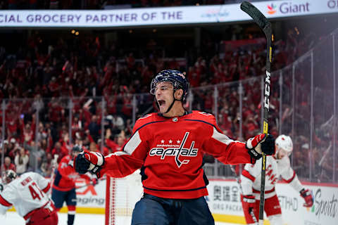 WASHINGTON, DC – OCTOBER 05: Garnet Hathaway #21 of the Washington Capitals celebrates after scoring a goal against James Reimer #47 of the Carolina Hurricanes in the first period at Capital One Arena on October 5, 2019 in Washington, DC. (Photo by Patrick McDermott/NHLI via Getty Images)