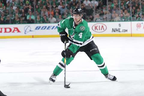 DALLAS, TX – MAY 5: Miro Heiskanen #4 of the Dallas Stars handles the puck against the St. Louis Blues in Game Six of the Western Conference Second Round during the 2019 NHL Stanley Cup Playoffs at the American Airlines Center on May 5, 2019 in Dallas, Texas. (Photo by Glenn James/NHLI via Getty Images)