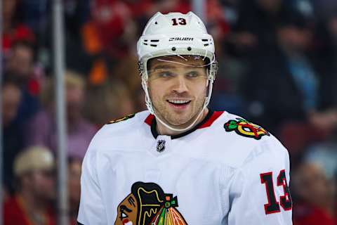 Jan 26, 2023; Calgary, Alberta, CAN; Chicago Blackhawks center Max Domi (13) reacts during the third period against the Calgary Flames at Scotiabank Saddledome. Mandatory Credit: Sergei Belski-USA TODAY Sports