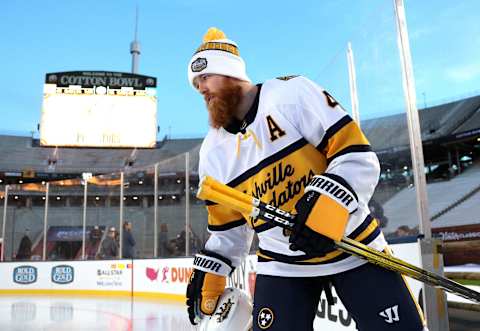 DALLAS, TEXAS – DECEMBER 31: Ryan Ellis #4 of the Nashville Predators attends practice ahead of the 2020 Bridgestone NHL Winter Classic at Cotton Bowl on December 31, 2019 in Dallas, Texas. The 2020 NHL Winter Classic will be played on January 1, 2020. (Photo by Dave Sandford/NHLI via Getty Images)