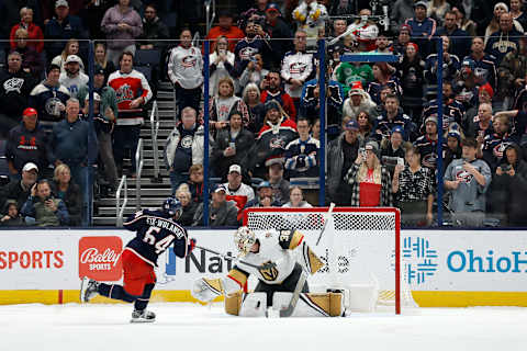 COLUMBUS, OH – NOVEMBER 28: Logan Thompson #36 of the Vegas Golden Knights stops a shot from Trey Fix-Wolansky #64 of the Columbus Blue Jackets during the shootout in the game at Nationwide Arena on November 28, 2022 in Columbus, Ohio. Las Vegas defeated Columbus 3-2 in a shootout. (Photo by Kirk Irwin/Getty Images)