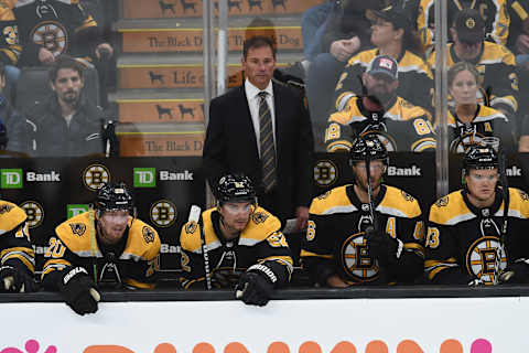 BOSTON, MA – OCTOBER 13: Head coach Bruce Cassidy of the Boston Bruins watches the third period against the New Jersey Devils at the TD Garden on October 13, 2019 in Boston, Massachusetts. (Photo by Steve Babineau/NHLI via Getty Images)