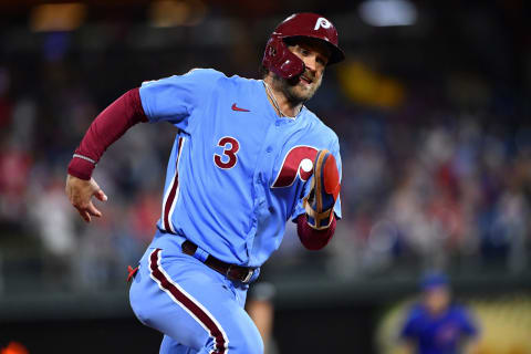 Sep 16, 2021; Philadelphia, Pennsylvania, USA; Philadelphia Phillies right fielder Bryce Harper (3) advances past third base to score against the Chicago Cubs in the sixth inning at Citizens Bank Park. Mandatory Credit: Kyle Ross-USA TODAY Sports