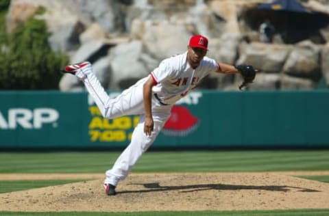 ANAHEIM, CA – July 19: Francisco Rodriguez of the Los Angeles Angels of Anaheim pitches during the game against the Boston Red Sox at Angel Stadium in Anaheim, California on July 19, 2008. The Angels defeated the Red Sox 4-2. (Photo by Robert Leiter/MLB Photos via Getty Images)