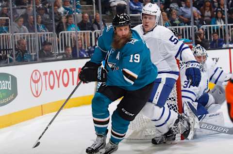 SAN JOSE, CA – OCTOBER 30: Joe Thornton #19 of the San Jose Sharks skates against Jake Gardiner #51 of the Toronto Maple Leafs at SAP Center on October 30, 2017 in San Jose, California. (Photo by Rocky W. Widner/NHL/Getty Images)