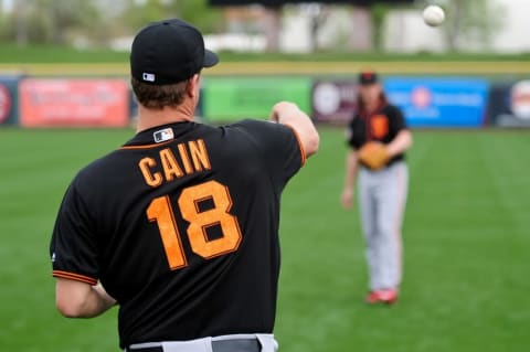 Feb 19, 2016; Scottsdale, AZ, USA; San Francisco Giants starting pitcher Matt Cain (18) throws to starting pitcher Jeff Samardzija (29) during a workout at Scottsdale Stadium. Mandatory Credit: Matt Kartozian-USA TODAY Sports