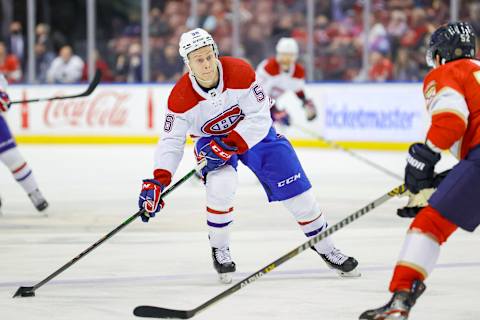 Jan 1, 2022; Sunrise, Florida, USA; Montreal Canadiens right wing Jesse Ylonen. Mandatory Credit: Sam Navarro-USA TODAY Sports