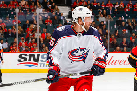 CALGARY, AB – MARCH 29: Thomas Vanek #26 of the Columbus Blue Jackets in an NHL game on March 29, 2018 at the Scotiabank Saddledome in Calgary, Alberta, Canada. (Photo by Gerry Thomas/NHLI via Getty Images)