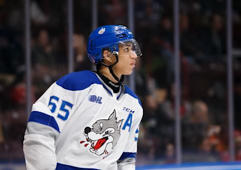 Quinton Byfield #55 of the Sudbury Wolves. (Photo by Chris Tanouye/Getty Images)