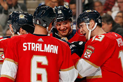 SUNRISE, FL – JANUARY 12: Aleksander Barkov #16 of the Florida Panthers celebrates his goal with teammates during the first period against the Toronto Maple Leafs at the BB&T Center on January 12, 2020 in Sunrise, Florida. (Photo by Eliot J. Schechter/NHLI via Getty Images)