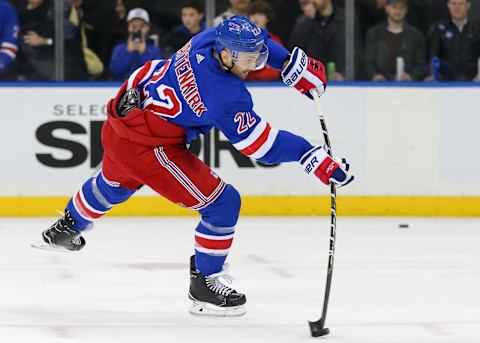 NEW YORK, NY – FEBRUARY 23: New York Rangers Defenceman Kevin Shattenkirk (22) takes a wrist shot prior to the National Hockey League game between the New Jersey Devils and the New York Rangers on February 23, 2019 at Madison Square Garden in New York, NY. (Photo by Joshua Sarner/Icon Sportswire via Getty Images)