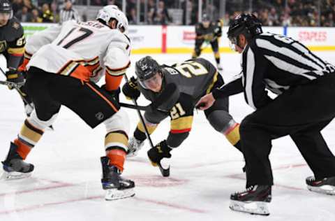 LAS VEGAS, NV – NOVEMBER 14: Cody Eakin #21 of the Vegas Golden Knights faces off with Ryan Kesler #17 of the Anaheim Ducks during the second period at T-Mobile Arena on November 14, 2018, in Las Vegas, Nevada. (Photo by Jeff Bottari/NHLI via Getty Images)