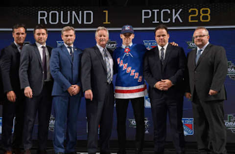 DALLAS, TX – JUNE 22: Nils Lundqvist poses for a photo after being selected twenty-eighth overall by the New York Rangers during the first round of the 2018 NHL Draft at American Airlines Center on June 22, 2018 in Dallas, Texas. (Photo by Brian Babineau/NHLI via Getty Images)