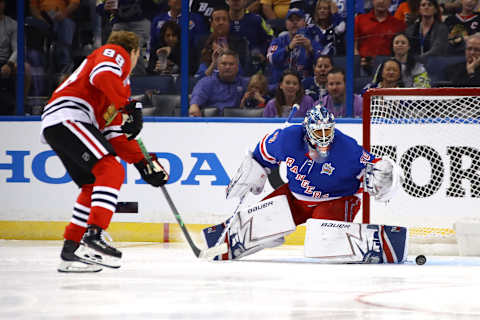 TAMPA, FL – JANUARY 27: Patrick Kane #88 of the Chicago Blackhawks shoots on Henrik Lundqvist #30 of the New York Rangers during the GEICO NHL Save Streak during the 2018 GEICO NHL All-Star Skills Competition at Amalie Arena on January 27, 2018, in Tampa, Florida. (Photo by Bruce Bennett/Getty Images)