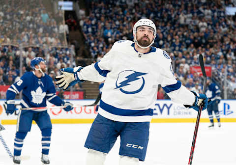 May 14, 2022; Toronto, Ontario, CAN; Tampa Bay Lightning left wing Nicholas Paul (20) celebrates scoring a goal against the Toronto Maple Leafs during the second period of game seven of the first round of the 2022 Stanley Cup Playoffs at Scotiabank Arena. Mandatory Credit: Nick Turchiaro-USA TODAY Sports