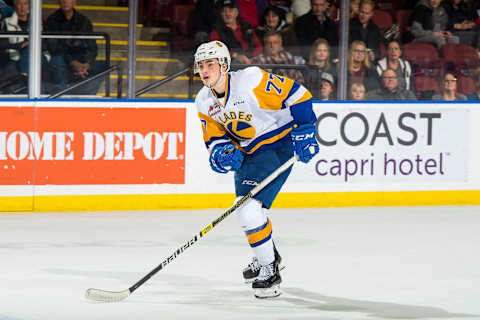 KELOWNA, BC – DECEMBER 01: Kirby Dach #77 of the Saskatoon Blades skates against the Kelowna Rockets at Prospera Place on December 1, 2018 in Kelowna, Canada. (Photo by Marissa Baecker/Getty Images)