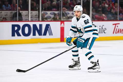 Nov 29, 2022; Montreal, Quebec, CAN; Kevin Labanc against the Montreal Canadiens. Mandatory Credit: David Kirouac-USA TODAY Sports