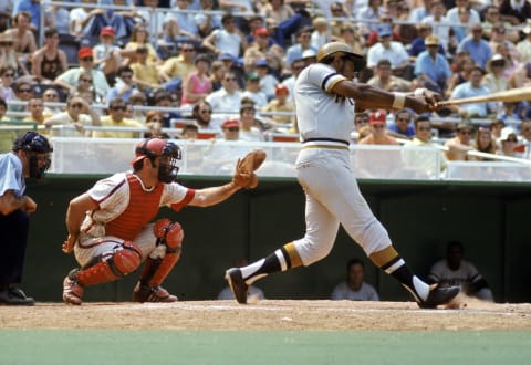 PHILADELPHIA – 1971: Baseball player Willie Stargell (R), of the Pittsburgh Pirates, swings at a pitch during a 1971 season MLB game against the Philadelphia Phillies. (Photo by Bill Pierce/The LIFE Images Collection/Getty Images)