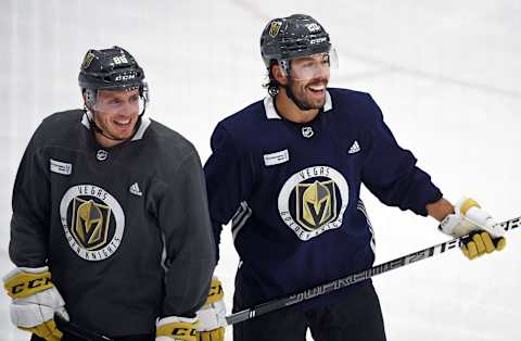 Nate Schmidt #88 and Chandler Stephenson #20 of the Vegas Golden Knights smile during a training camp practice at City National Arena. (Photo by Ethan Miller/Getty Images)