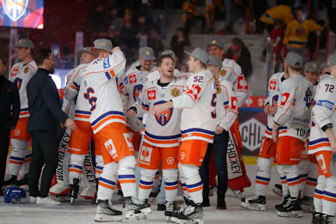 Tappara players celebrates winning the Champions Hockey League final ice hockey match between Lulea Hockey and Tappara Tampere at Coop Norrbotten Arena in Lulea, Sweden, on February 18, 2023. – Sweden OUT (Photo by Par BACKSTROM / various sources / AFP) / Sweden OUT (Photo by PAR BACKSTROM/TT News Agency/AFP via Getty Images)