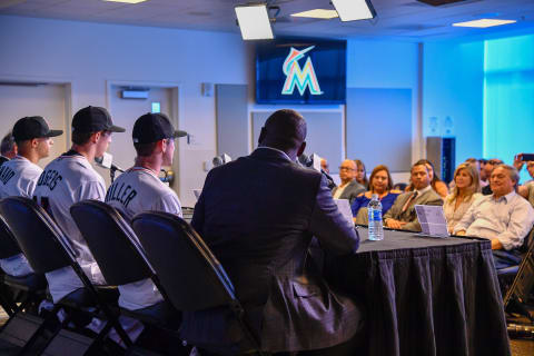 MIAMI, FL – JUNE 23: Alex Rodriguez attends the press conference for the new Marlins draft picks with Marlins owner Jeffrey Loria and his wife Julie Loria before the game between the Miami Marlins and the Chicago Cubs at Marlins Park on June 23, 2017 in Miami, Florida. (Photo by Mark Brown/Getty Images)