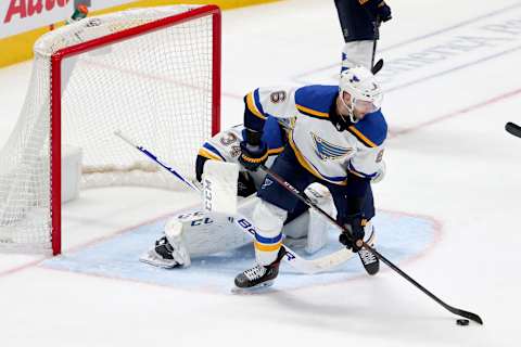 DALLAS, TEXAS – FEBRUARY 21: Marco Scandella #6 of the St. Louis Blues controls the puck against the Dallas Stars in the third period at American Airlines Center on February 21, 2020 in Dallas, Texas. (Photo by Tom Pennington/Getty Images)